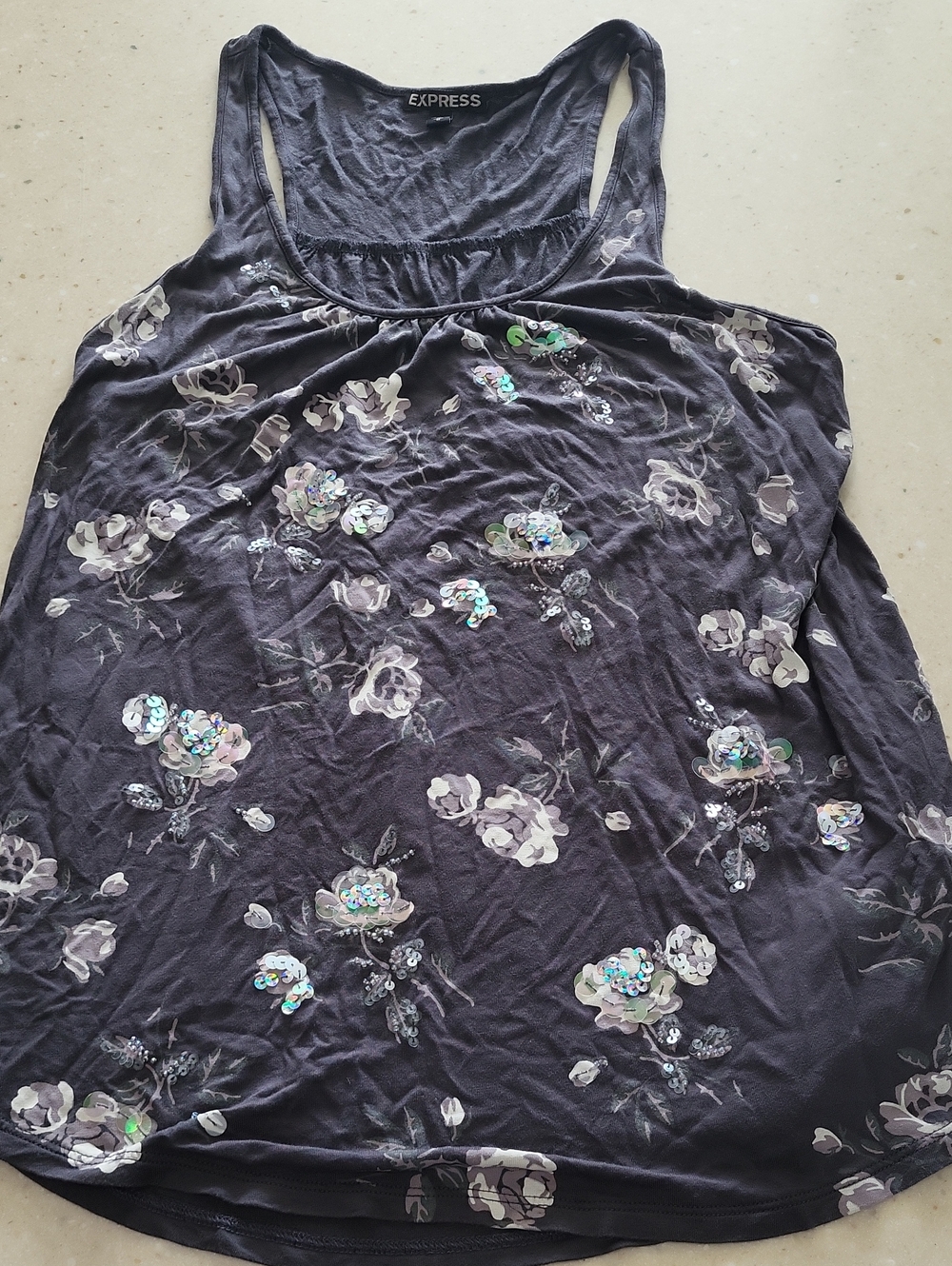 Express Gray Floral Sequin Tank Top